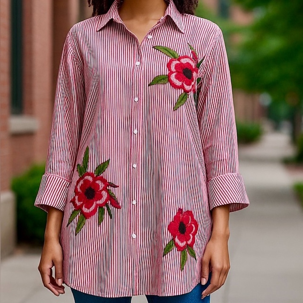 Walter Baker- Red & White Stripe Embroidered Long Sleeve Button Down Top Size L